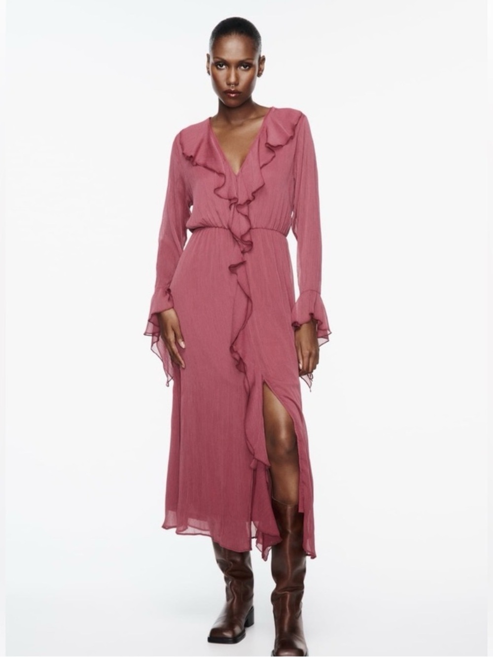 Zara Ruffled V-Neck Long Sleeve Midi Dress in Dusty Rose